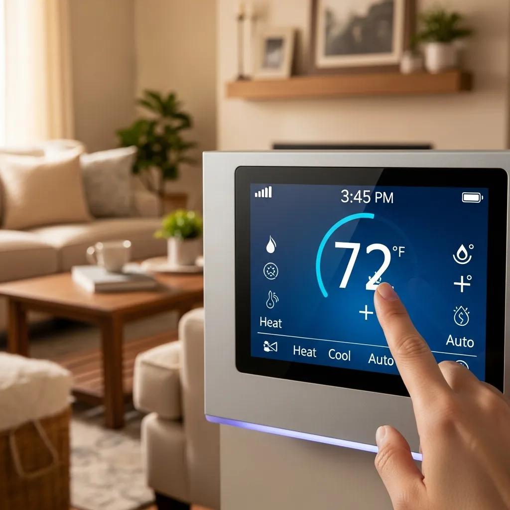 Homeowner adjusting a modern programmable thermostat in a cozy living room