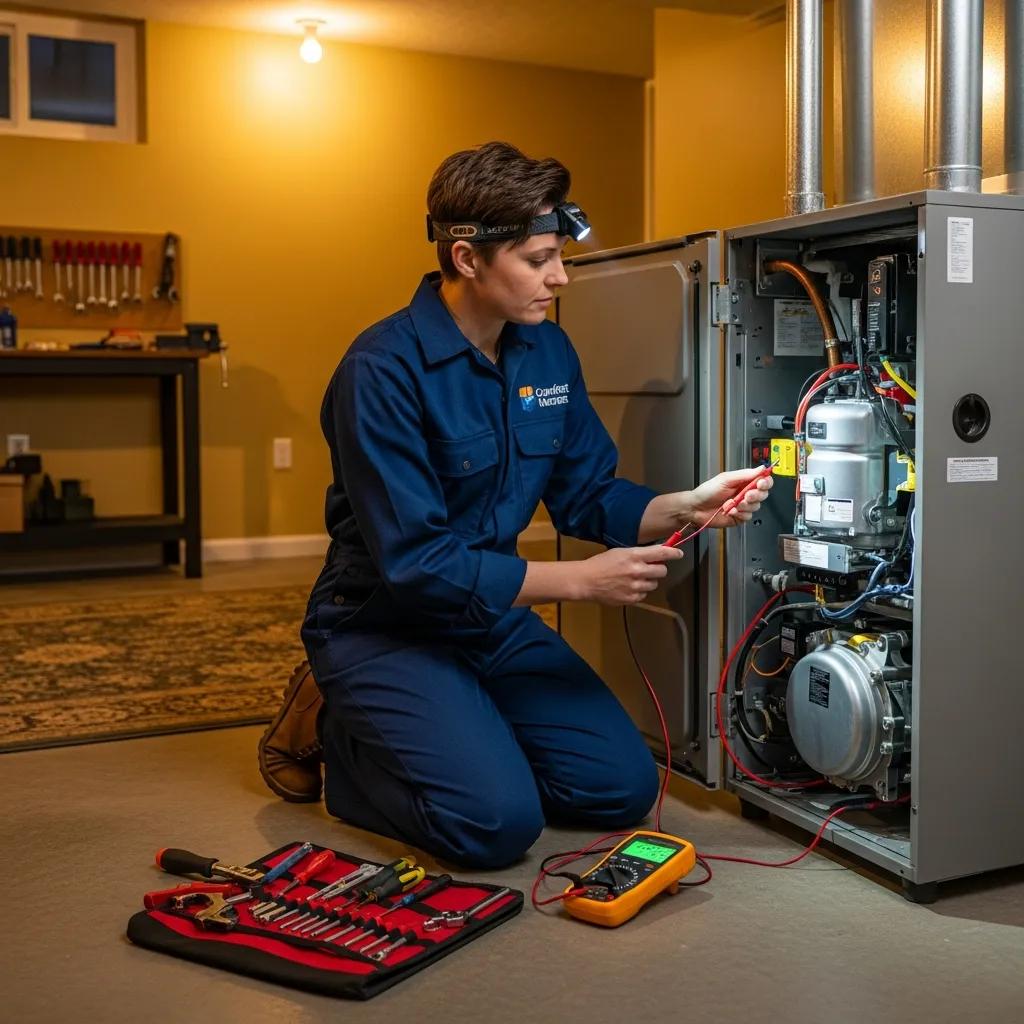 Technician diagnosing furnace issues in a home setting