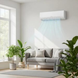 Top 5 Reasons That Your AC Is Running Continuously 2 Modern air conditioning unit in a bright living room, emphasizing comfort and cooling