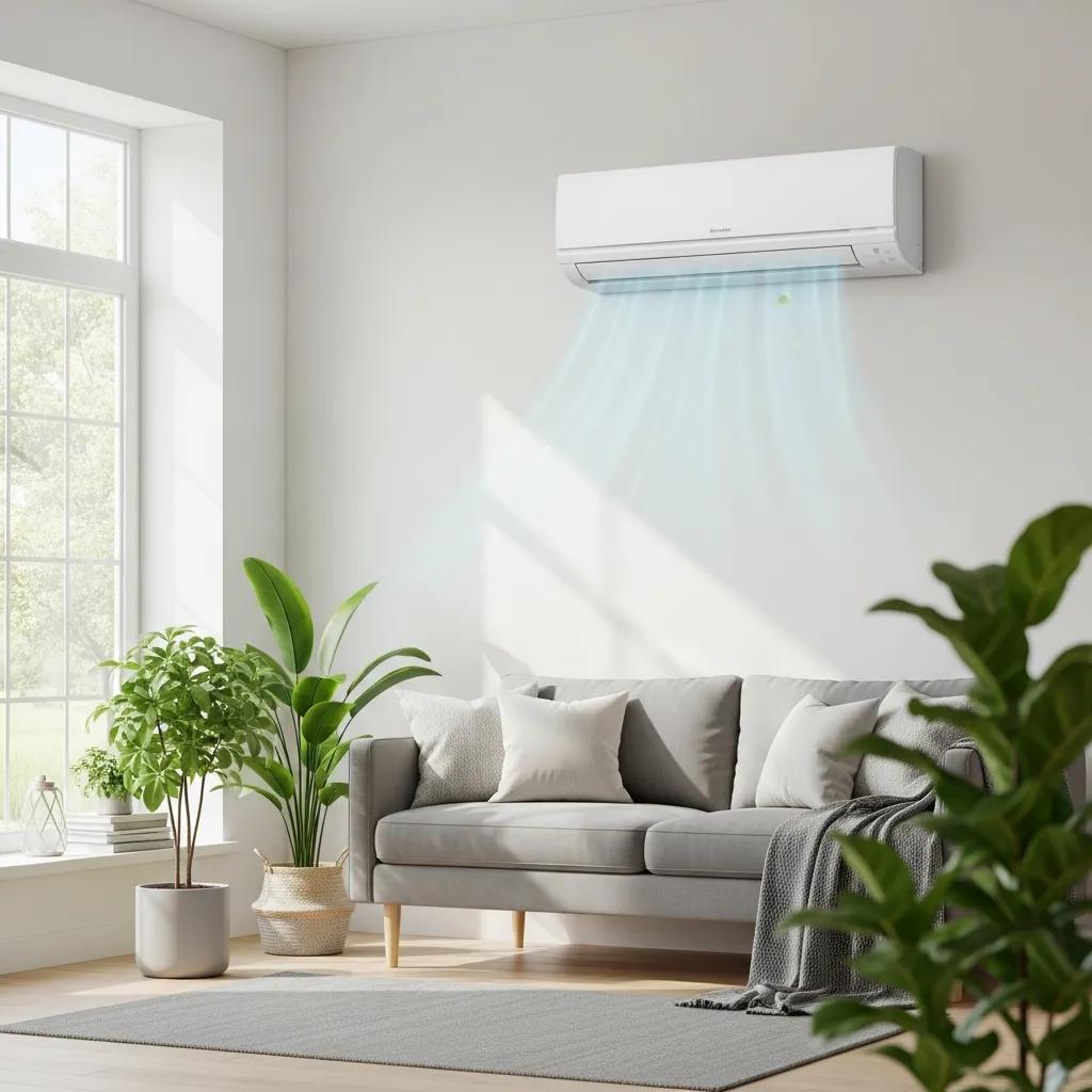 HVAC Blog 18 Modern air conditioning unit in a bright living room, emphasizing comfort and cooling