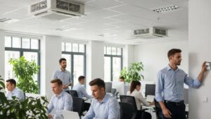 Top 5 Reasons That Your AC Is Running Continuously 1 Modern light commercial HVAC system in a business office, highlighting energy efficiency and comfort